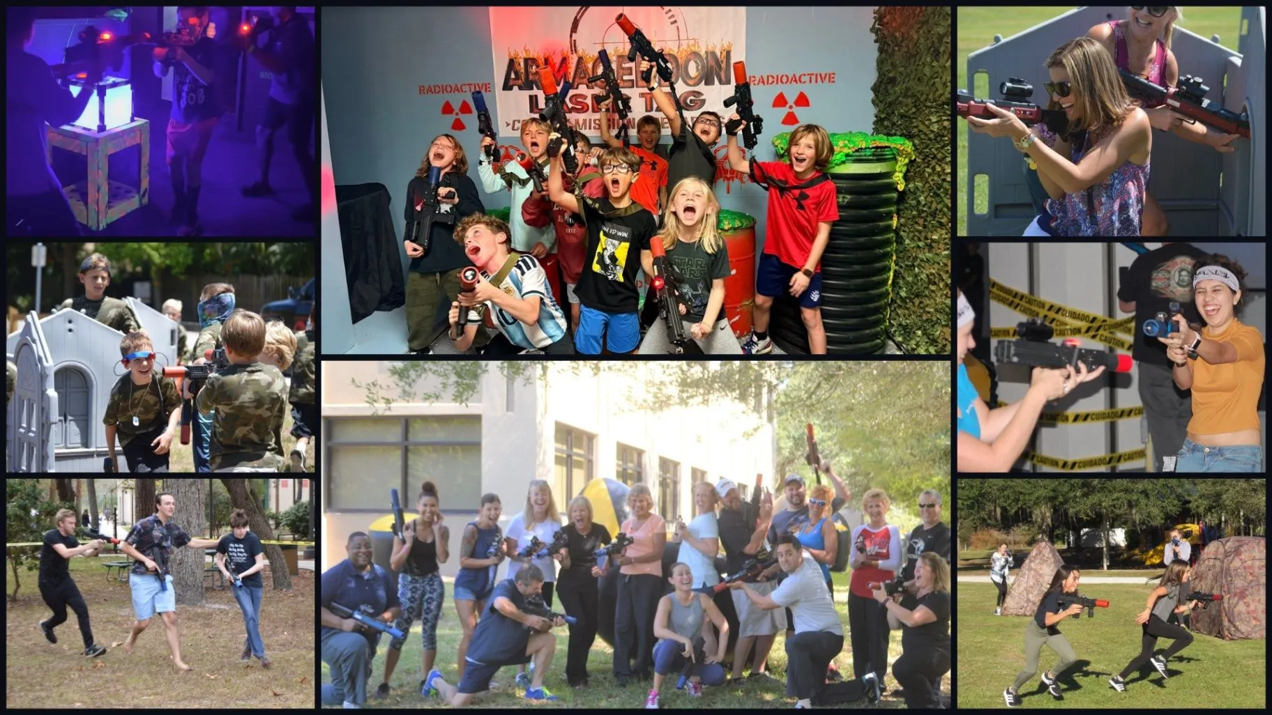 Groups of laser tag players playing indoors and outdoors in a full-width activity collage